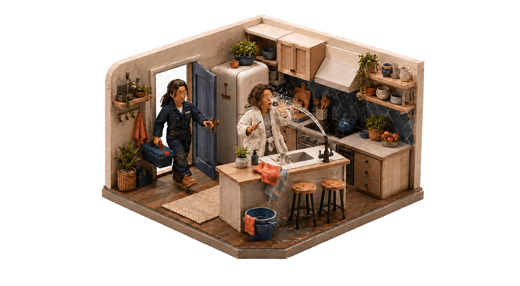 Miniatura de um vazamento na cozinha com assistência técnica chegando ao imóvel